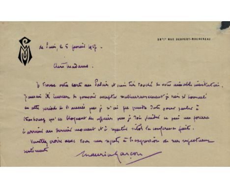 Maurice Garcon signed vintage handwritten letter. Maurice Garcon (25 November 1889 in Lille - 29 December 1967 in Paris) was 