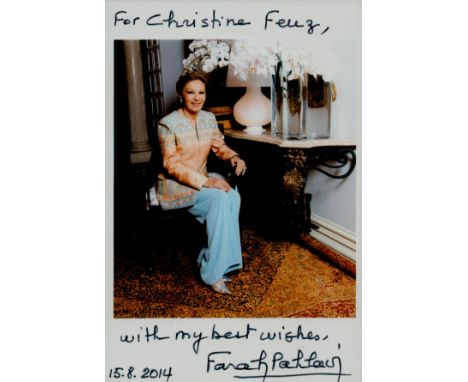 Farah Pahlavi signed 6x4 inch colour photo dedicated. Farah Pahlavi (born 14 October 1938) is the widow of the last Shah of I