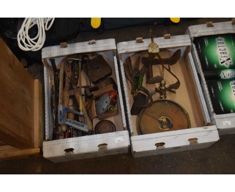 Two boxes of various vintage tools, a large brass mounted gauge and other items