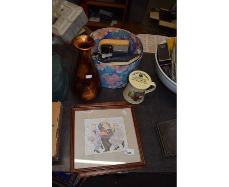 Mixed Lot: Beryl Cook coloured prints, hat box, mantel clock, modern vase and other items