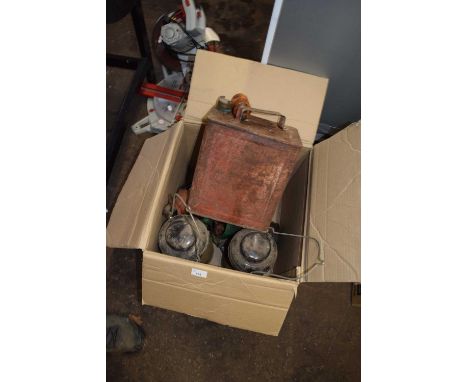 A box of mixed items to include vintage storm lanterns, oil cans, vintage fuel can (unmarked) etc