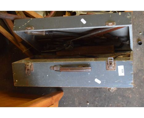 Wooden tool box and assorted contents