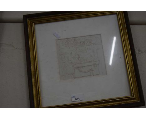 A small framed sketch of a cat upon a suitcase