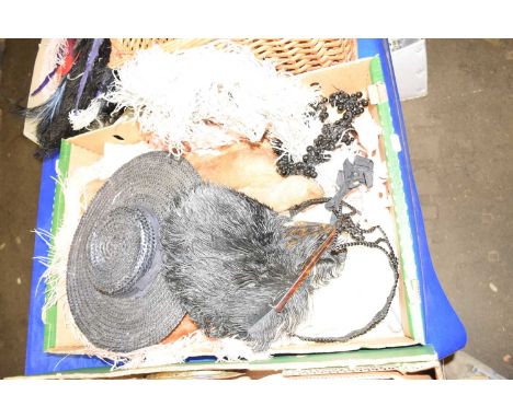 Assorted vintage clothing to include a hat, furs, feathers