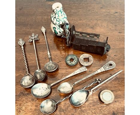 SMALL VASE, SEVEN SILVER AND OTHER SPOONS, SMALL FIGURE AND CHINESE COMBINATION LOCK, ETC.

 