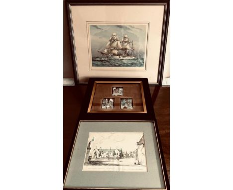 TWO PRINTS- CALLIOPE HMS CRUISER, GRESHAM FAMILY'S HOLT SCHOOL PLUS FRAMED ENAMEL PANELS

ENAMEL PANELS DAMAGED 