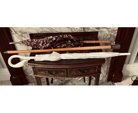TWO PARASOLS AND WALKING STICK WITH CHINESE SILVER CAP

 