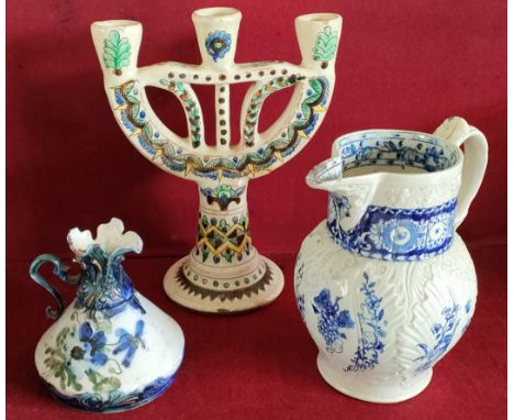 THREE SCONCE POTTERY CANDLESTICK, BLUE AND WHITE JUG, PLUS SMALL FLORAL DECORATIVE JUG CANDLESTICK HAS BEEN RESTORED, THERE I
