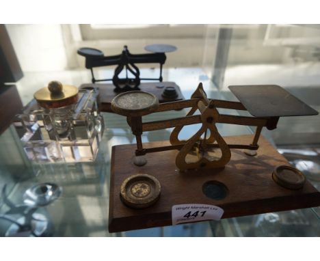 Two sets of Post Office balance scales and weights and also a cut glass brass topped inkwell.
