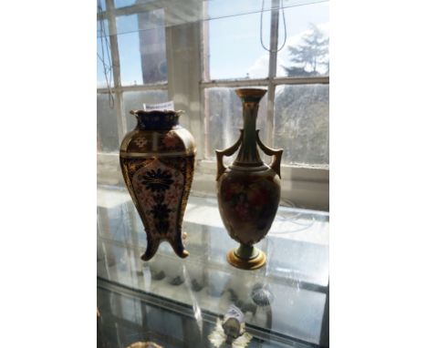 A Hadley Worcester handpainted fruits vase together with a Royal Crown Derby tall vase pattern no 1129.