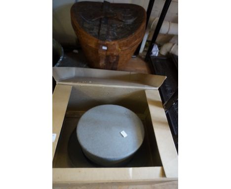 A vintage leather hat box complete with gentleman's top hat by R. Butters of Cambridge and a further gentleman's top hat.