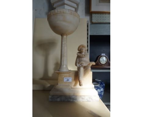 A 20th alabaster table lamp base, modelled in the form of a jester playing a lute, sat beside a column and urn, height 41cm (