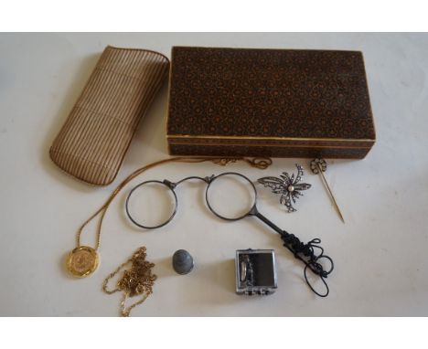 A pair of white metal lorgnettesTogether with, an inlaid wooden box, a paste horse shoe stick pin and other items (Qty) 