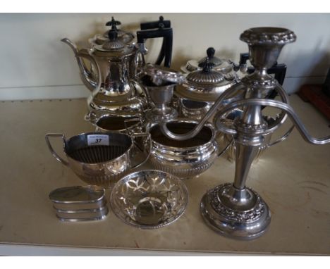 A mixed lot of assorted silver plate to include teapot, candelabra etc., also a 19th Century double sized snuff box.