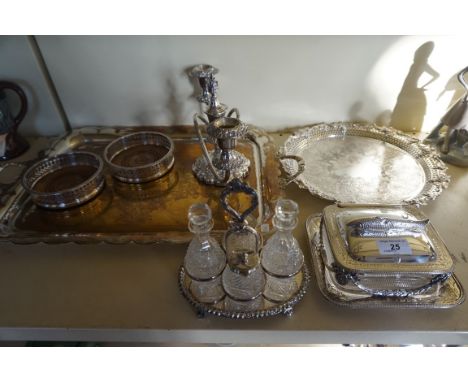 A nice lot of 19th Century and later silver-plate, to include a sardine dish, condiment set on stand, candelabra, etc. CONDIT