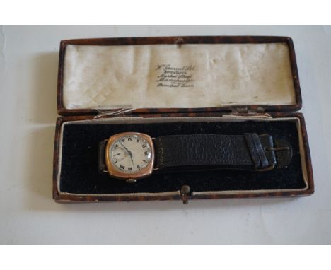 A 1930s 9ct gold manual wind wristwatchWith white dial and black Roman numerals, to black strap, cased CONDITION REPORT: Does