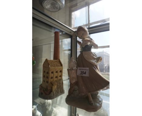 A Lladro figure group depicting a girl feeding doves together with a model of a cotton mill.