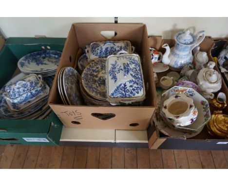 Three boxes of 19th Century and later ceramics to include an extensive blue and white dinner service, a 19th Century opaque c