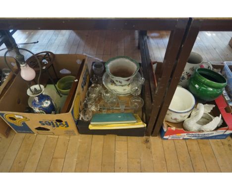 Three boxes of assorted ceramics, glassware to include an Art Deco tile tray, tiles, Samson ceramic vase converted to table l