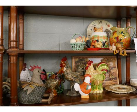Collection of chicken themed items to include clock, plates and biscuit barrels 