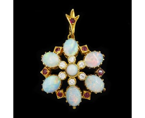 18ct gold opal, single cut diamond and ruby pendant / broochCondition Report:Approx 7.3gm, back pin also tested 18ct, diamete