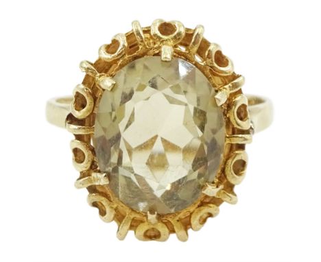 9ct gold single stone oval cut citrine ring, hallmarkedCondition Report:Approx 3.8gm, size P, head = 17.5mm x 14.5mm