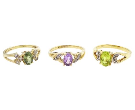 Gold green and white sapphire ring, gold amethyst ring, both 9ct and an 18ct gold green and white sapphire ringCondition Repo