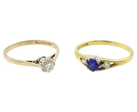 18ct gold three stone round cut sapphire and round brilliant cut diamond ring and a 9ct gold single stone round brilliant cut