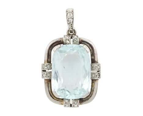 Early 20th century platinum cushion cut aquamarine and diamond chip pendant, aquamarine approx 4.65 caratCondition Report:App
