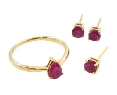 Pair of of gold round cut ruby earrings, one other single ruby earring and a gold pear cut ruby ring, all 9ctCondition Report
