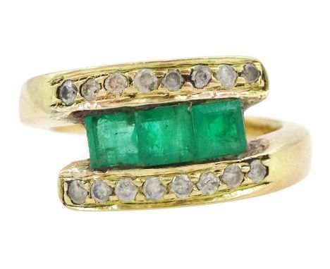 14ct gold three stone square cut emerald and diamond ringCondition Report:Approx 5.1gm, tested 14ct, size J-K, emerald stone 