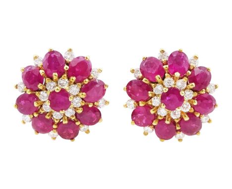 18ct gold oval and round cut ruby and round brilliant cut diamond cluster stud earringsCondition Report:Approx 6.4gm, tested 