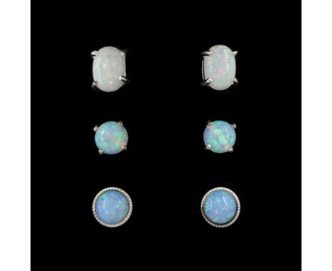 Three pairs of silver opal stud earringsCondition Report:Max length = 7mm