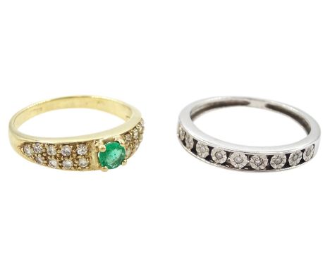 Gold emerald and diamond ring and a white gold diamond chip half eternity ring, both 9ctCondition Report:Approx 3.65gm, emera