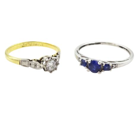 9ct white gold sapphire and diamond chip ring and an 18ct gold single stone round cut diamond ring, diamond approx 0.15 carat