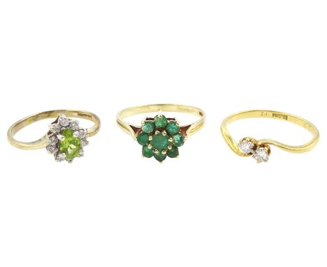 Gold two stone old cut and round brilliant cut diamond crossover ring, stamped 18ct and two 9ct gold stone set rings includin