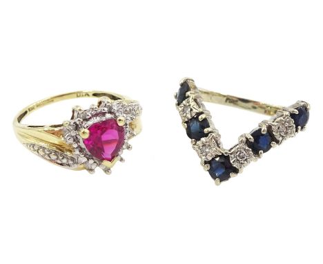 Gold diamond and sapphire wishbone ring and a pink stone set cluster ring, both hallmarked 9ctCondition Report:Approx 5.25gm,