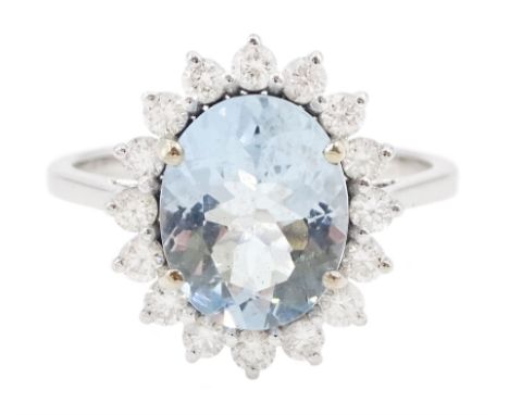 18ct white gold oval cut aquamarine and round brilliant cut diamond cluster ring, aquamarine approx 2.15 carat, total diamond