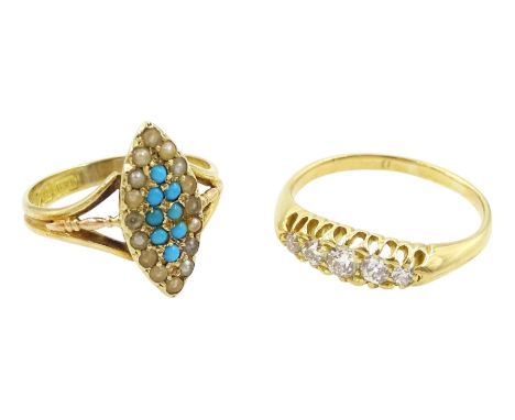 Early 20th century 18ct gold five stone old cut diamond ring and a 15ct gold turquoise and seed pearl marquise shaped ring, h