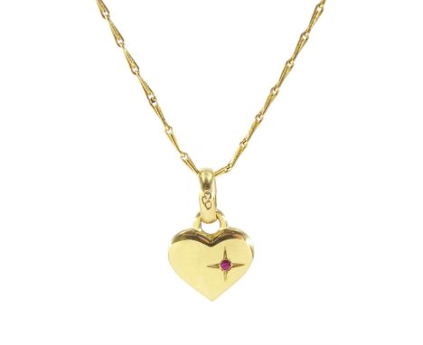 Links of London 18ct gold heart pendant, set with a single ruby, on 18ct gold fancy link chain necklace, both hallmarkedCondi