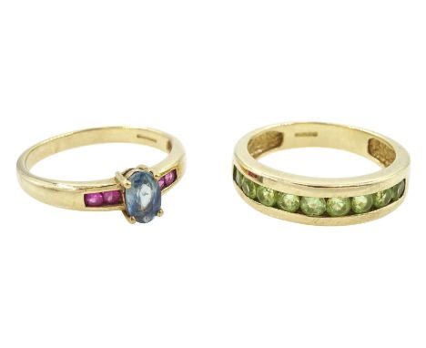 Gold peridot half eternity ring and a gold blue and pink sapphire ring, both hallmarked 9ctCondition Report:Approx 5.5gm, per