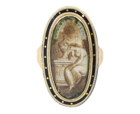 George III 10ct rose gold ivory sepia mourning ring, depicting woman seated next to a tomb with classical urn, the reverse in