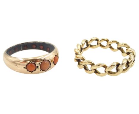 Early 20th century 12ct gold curb link ring and a rose gold rubover set three stone coral ring, stamped 9ctCondition Report:C