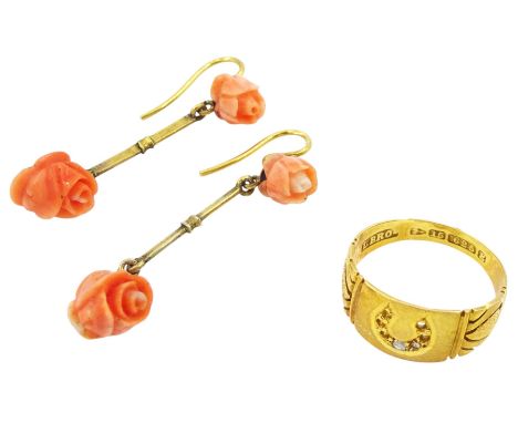 Victorian 15ct gold horseshoe ring, Chester 1888 and a pair of gold coral pendant earringsCondition Report:Ring approx 2.4gm,