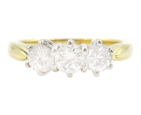 18ct gold three stone round brilliant cut diamond ring, Birmingham 1989, total diamond weight 0.75 caratCondition Report:Appr