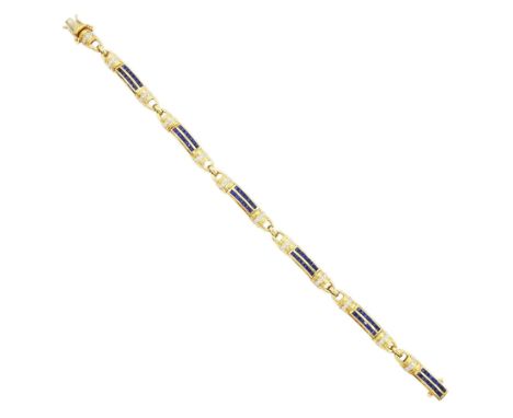 18ct gold sapphire and diamond bracelet, each link set with two rows of rectangular step cut sapphires, with pave set diamond