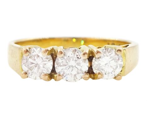18ct gold three stone round brilliant cut diamond ring, total diamond weight approx 0.75 caratCondition Report:Approx 3.55gm,