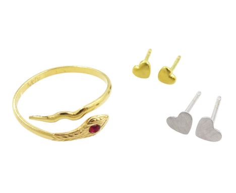Gold stone set snake ring, pair of white gold heart stud earrings and one other smaller pair of yellow gold heart stud earrin
