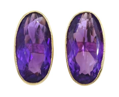 Pair of 9ct gold oval cut amethyst, screw back earrings, stampedCondition Report:Approx 5.6gm, overall head = 19mm x 10.5mm, 