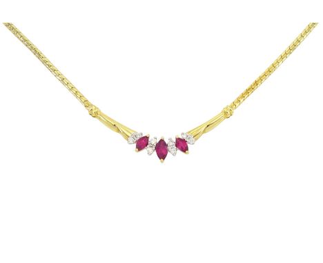 18ct gold marquise cut ruby and round brilliant cut diamond necklace, stampedCondition Report:Approx 8.25gm, length = 46cm, r